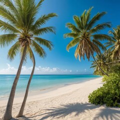 Fototapeta premium Calm Ocean and Swaying Palms on Quiet Shore.jpeg