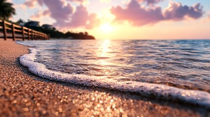 Naklejka premium Sunrise beach wave ocean coastal landscape travel postcard