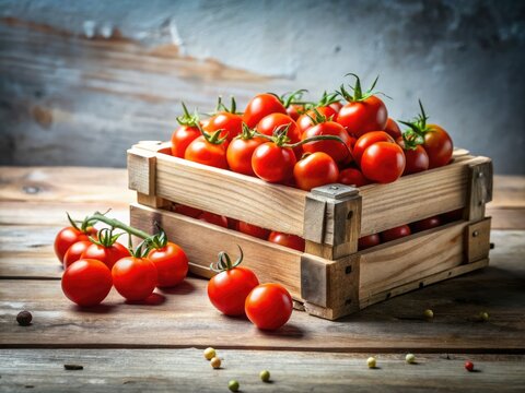 Delicate tomberries nestled in a rustic wooden crate, bathed in soft low light against a pristine white backdrop.