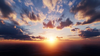 Dramatic Ocean Sunset with Vibrant Colors and Clouds Reflecting on Water Horizon : Generative AI