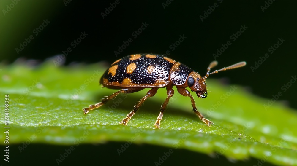 Poster detailed macro image of beetle on green leaf in natural habitat : generative ai