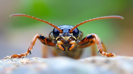 Fototapeta premium Detailed macro shot of orange and black insect with focus on face and antennae : Generative AI