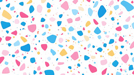 A delicate terrazzo pattern featuring pastel pink blue and yellow stone chips on a white background creating a soft and modern decorative design  
