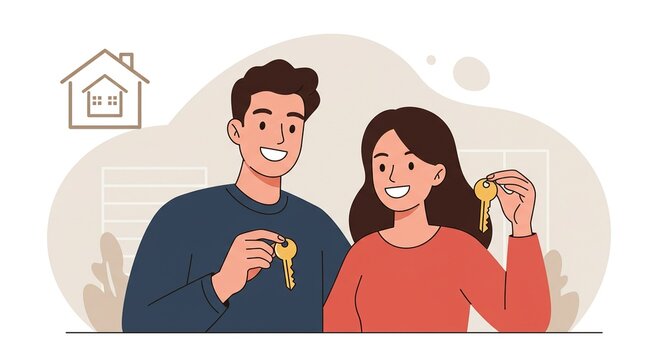 New Home Owners - Illustrative Key Handoff. Ideal for use in real estate promotions, moving announcements, or articles about homeownership.