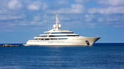 Luxurious mega yacht floating in serene blue ocean with clear sky background : Generative AI