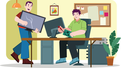 Technicians Illustration Repairing Electronic Devices Technicians fixing various devices like phones and laptops at a workstation.