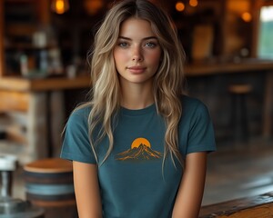 Woman wearing a teal t-shirt with a mountain sunset graphic.
