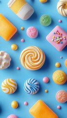 Obraz premium Sweet Palette Flat Lay of Colorful Candies, Soaps, and Sweets on a Vibrant Blue Background.