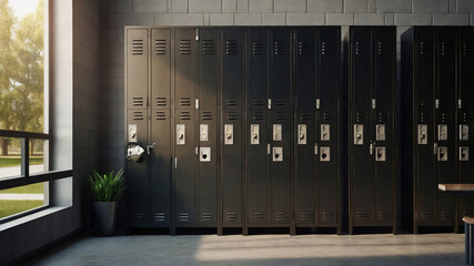 A 3D stock photo featuring a row of black gym lockers in a school setting. One locker door is open, revealing a glimpse into the interior, symbolizing storage and organization.