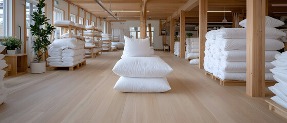 Pillow stacking event bedding store interior design modern environment wide angle view cozy comfort concept