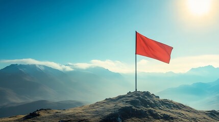 Solitary Red Flag on Mountain Top with Breathtaking Panoramic View of Sky : Generative AI