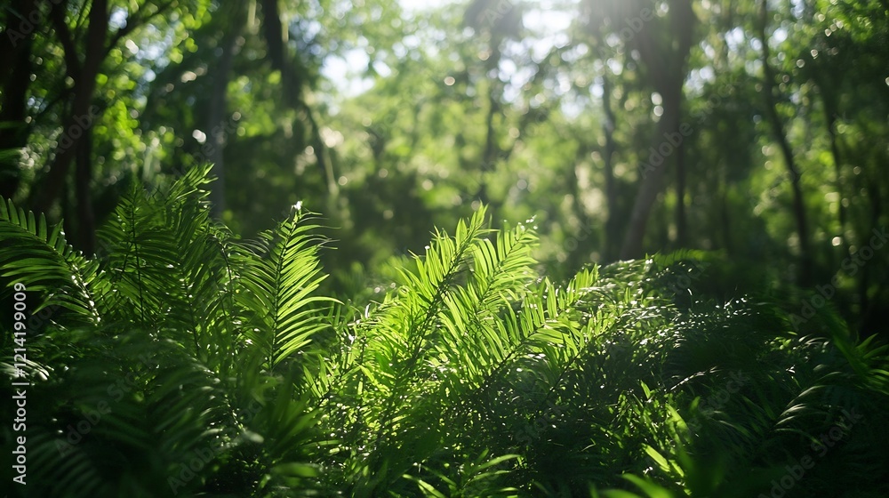 Poster lush green ferns in sunlit tropical forest creating a serene nature scene : generative ai