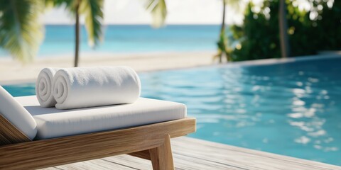 Fototapeta premium A luxurious wooden sun lounger with a white cushion and rolled towel, positioned by a turquoise infinity pool overlooking a tropical beach