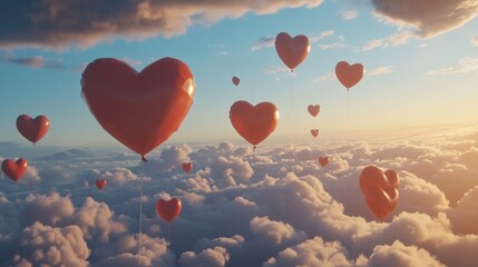 Obraz premium Red heart-shaped balloons float in a dreamy sunset sky above fluffy clouds.