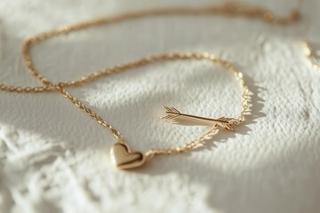 elegant minimalist composition of delicate gold arrow and heart bracelets intertwined on textured white paper, soft shadows creating depth