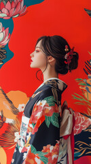 Elegant Woman in Black Floral Kimono with Ornate Hairpiece – Traditional Japanese Portrait on Vibrant Red Artistic Background