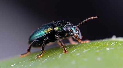 Naklejka premium Shiny Metallic Green Beetle on Leaf with Black Background in Detailed Macro View : Generative AI