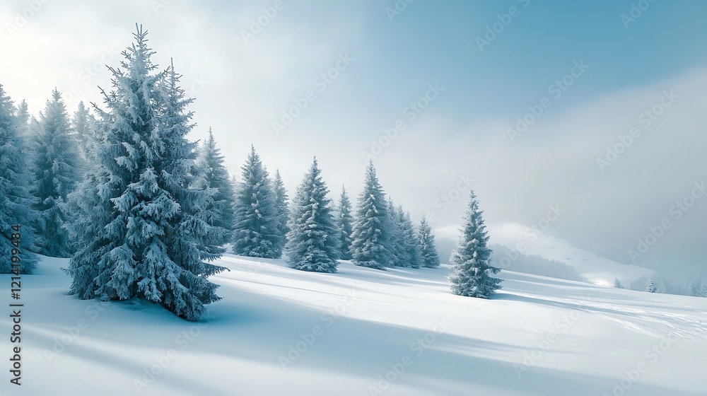 Poster serene winter landscape with snow covered pine trees in mountainous region : generative ai