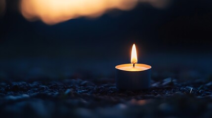 Fototapeta premium Tranquil Scene of Single Candle Illuminating Evening Darkness Outdoors : Generative AI