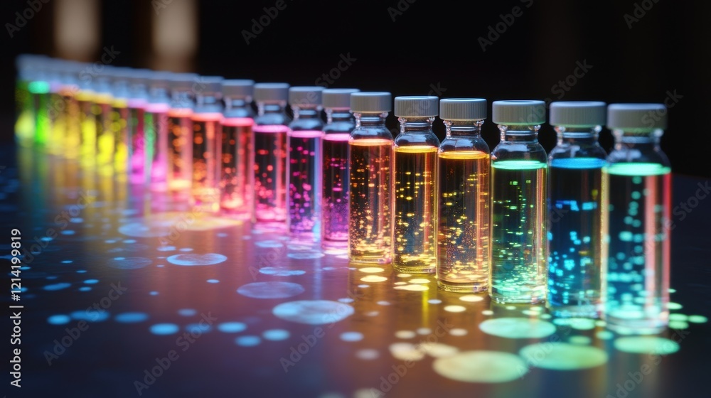 Poster multiple colorful test tubes containing liquid samples are arranged in a row, creating a vibrant rai