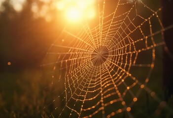 Sparkling Spider Web Glimmers in Sunset Light Amidst a Tranquil Forest. Generative AI
