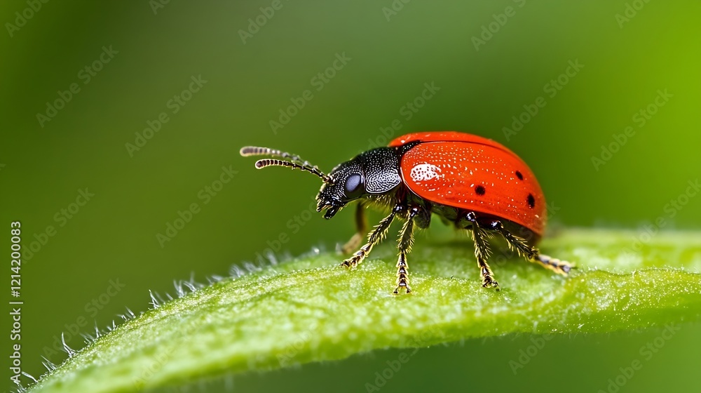Poster Vibrant Red Ladybug Resting on a Leaf with Dew Drops in Lush Greenery Environment : Generative AI
