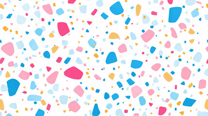 A terrazzo pattern featuring colorful pink, blue, and orange fragments scattered on a clean white background creating a playful design
