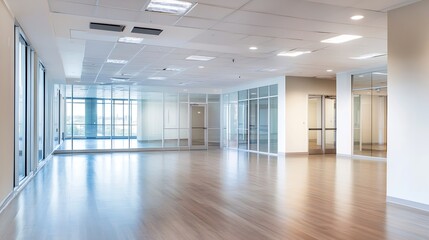 Fototapeta premium Contemporary Empty Office Space with Glass Partitions and Wooden Flooring : Generative AI