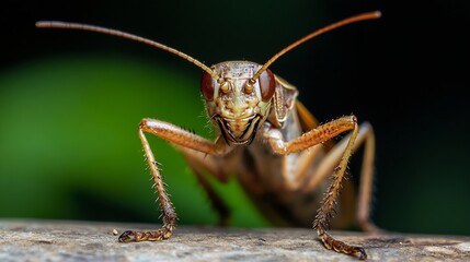 Fototapeta premium Closeup Macro of Brown Cricket on Wooden Surface Showing Natural Behavior : Generative AI