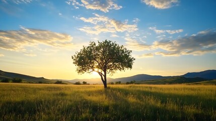 Fototapeta premium Solitary Tree in Vast Field at Sunset Capturing Natural Beauty and Peaceful Ambience : Generative AI