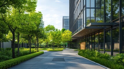 Modern office building, green space, sunny day, city background