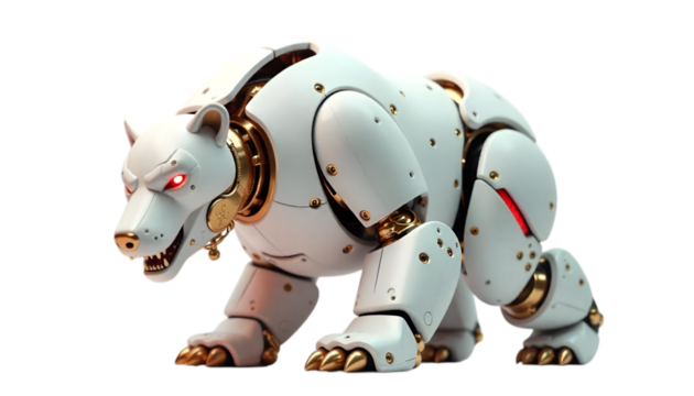 Robotic Polar Bear with Glowing Red Eyes on Black Background