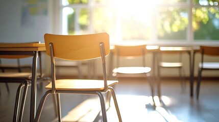 Classroom with Wooden Chairs and Sunlight Filtering Through Windows : Generative AI