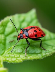 Fototapeta premium Closeup of vibrant red beetle with black markings on a green leaf with natural background : Generative AI