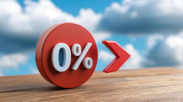 Conceptual image showing a red 0% symbol with an arrow on a wooden surface, set against a backdrop of blue sky and clouds, representing zero percent growth.