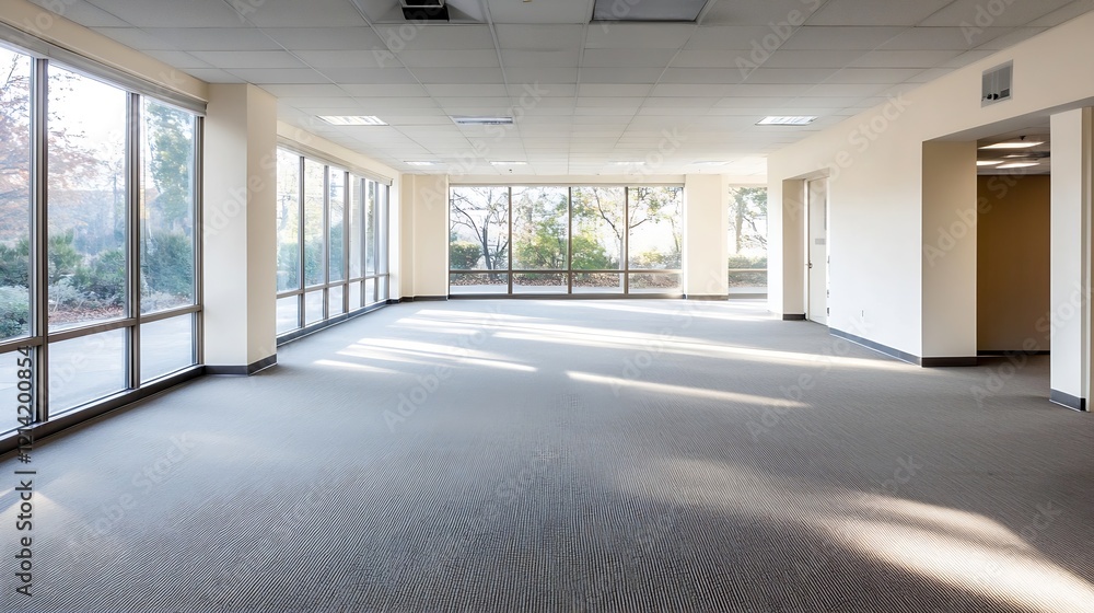 Poster modern empty office space with floor to ceiling windows illuminating beige carpet flooring : generat