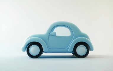 3D cartoon-style cute blue toy car on a white background. The car is designed with rounded edges and smooth curves, featuring a soft pastel blue color. 