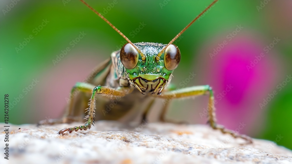 Poster Closeup Image of a Vibrant Green Grasshopper on a Rock Capturing Intricate Details and Colors : Generative AI