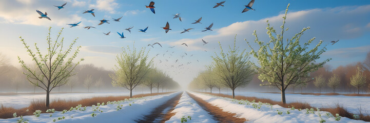 Fototapeta premium Serene Snow-Covered Path with Budding Trees and Spring Birds. Perfect for: Earth Day, Arbor Day, Woodland Walks