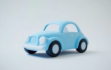 3D cartoon-style cute blue toy car on a white background. The car is designed with rounded edges and smooth curves, featuring a soft pastel blue color. 