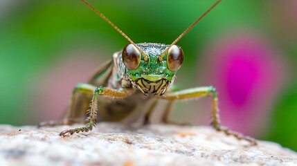 Closeup Image of a Vibrant Green Grasshopper on a Rock Capturing Intricate Details and Colors : Generative AI