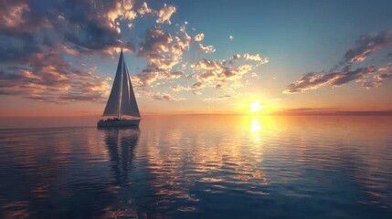 A sailboat gliding across calm, clear waters during a sunset, evoking a sense of smooth sailing and tranquility