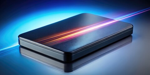 Gleaming black hard drive, a long exposure reveals digital data's silent flow.
