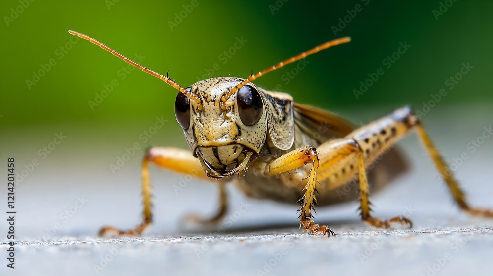 Poster Close Up of a Grasshopper on a Natural Surface with Vivid Green Background and Intricate Details : Generative AI