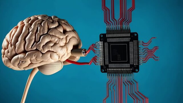 AI Artificial intelligence a human brain connected to a computer chip via red wires