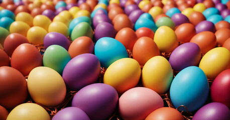 Colorful Easter eggs in various vibrant colors. Arranged in rows on a straw-like material. Concepts of the Easter celebration, abundance and culture.
