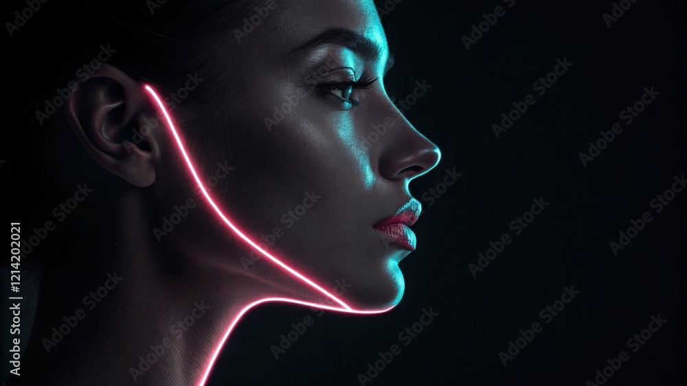 Poster a captivating profile image where a sculpted neon line elegantly follows the silhouette emphasizing 