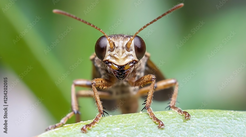 Poster Macro Image of a Curious Grasshopper Facing the Camera on a Leaf : Generative AI