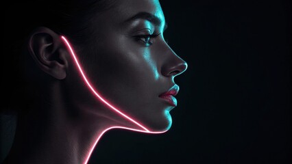 Obraz premium A captivating profile image where a sculpted neon line elegantly follows the silhouette emphasizing the gentle slope of the nose and the fullness of the lips in a soft radiant