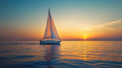 A sailboat gliding across calm, clear waters during a sunset, evoking a sense of smooth sailing and tranquility